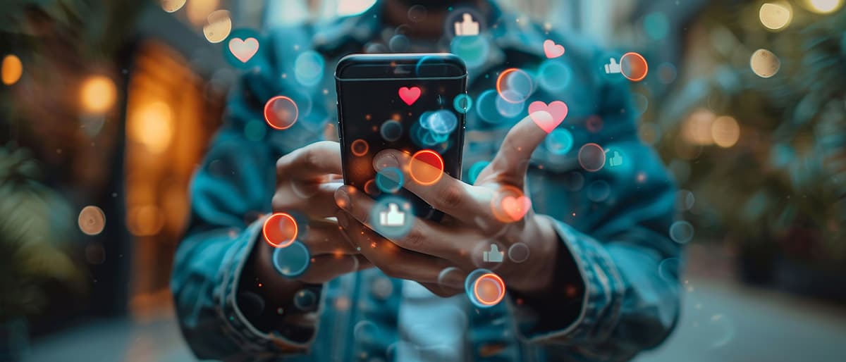 Person mit Smartphone und Social Media Interaktionen - symbolisiert digitale Erreichbarkeit
