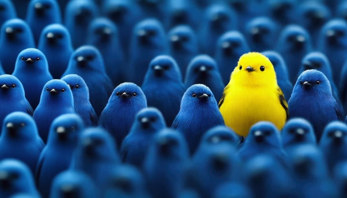 Ein gelber Vogel sticht aus einer Menge blauer Vögel hervor - Symbol für erfolgreiches Recruiting
